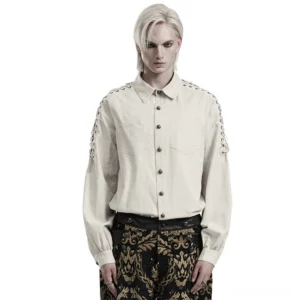 Men's eyelet chain gothic linen shirt front view - featuring metal shoulder eyelets and rope lace drawstrings on white background
