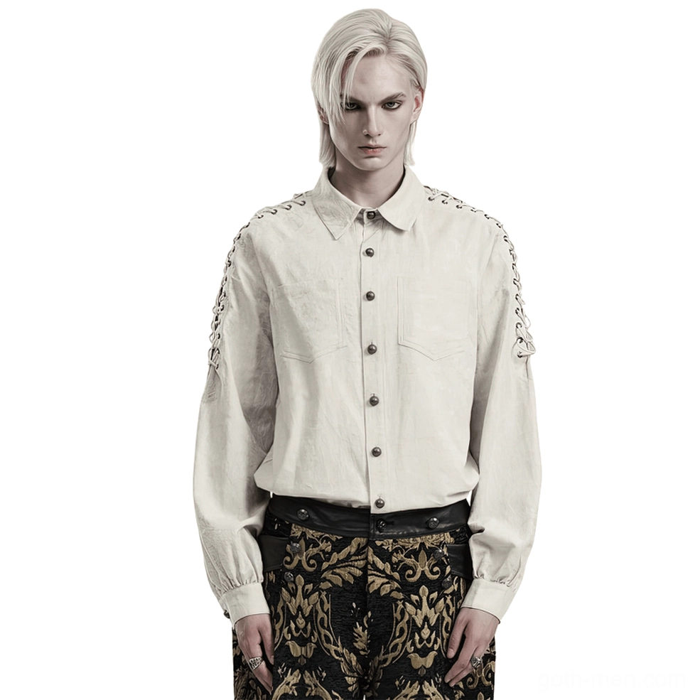 Men's eyelet chain gothic linen shirt front view - featuring metal shoulder eyelets and rope lace drawstrings on white background