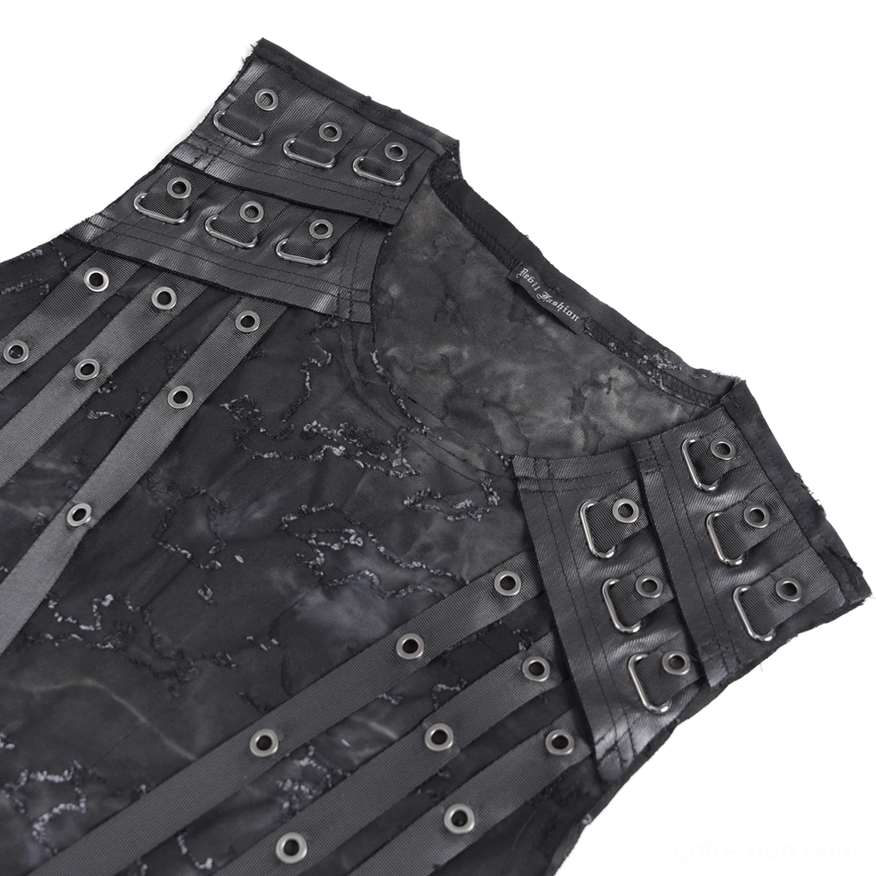 Close-up top view of metal rivet faux leather shoulder straps on distressed black tank top