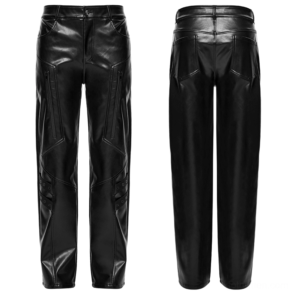 Black faux leather cyberpunk pants flat lay decorative paneling and side zippers