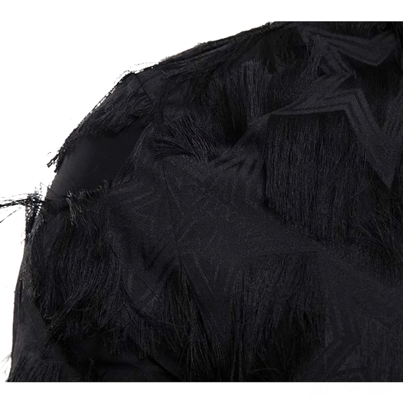 Close-up of black feather lace texture showing geometric base with frayed feather trim detail