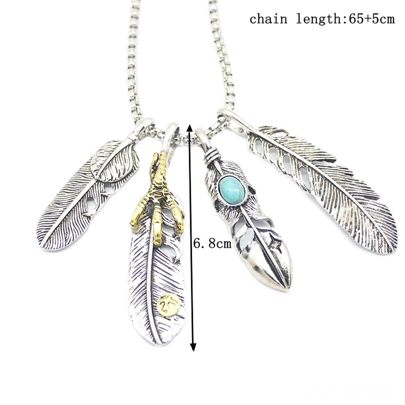 Multi-feather pendant necklace with size dimensions labeled, 6.8cm pendant height and 65-70cm chain length specifications