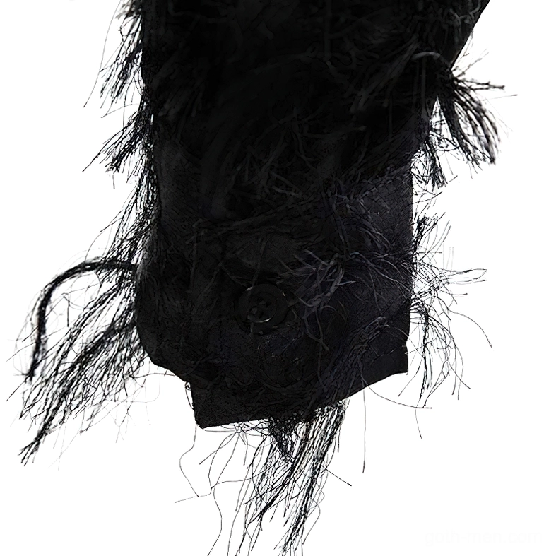 Black feather shirt cuff close-up showing loose frayed threads and buttoned sleeve detail