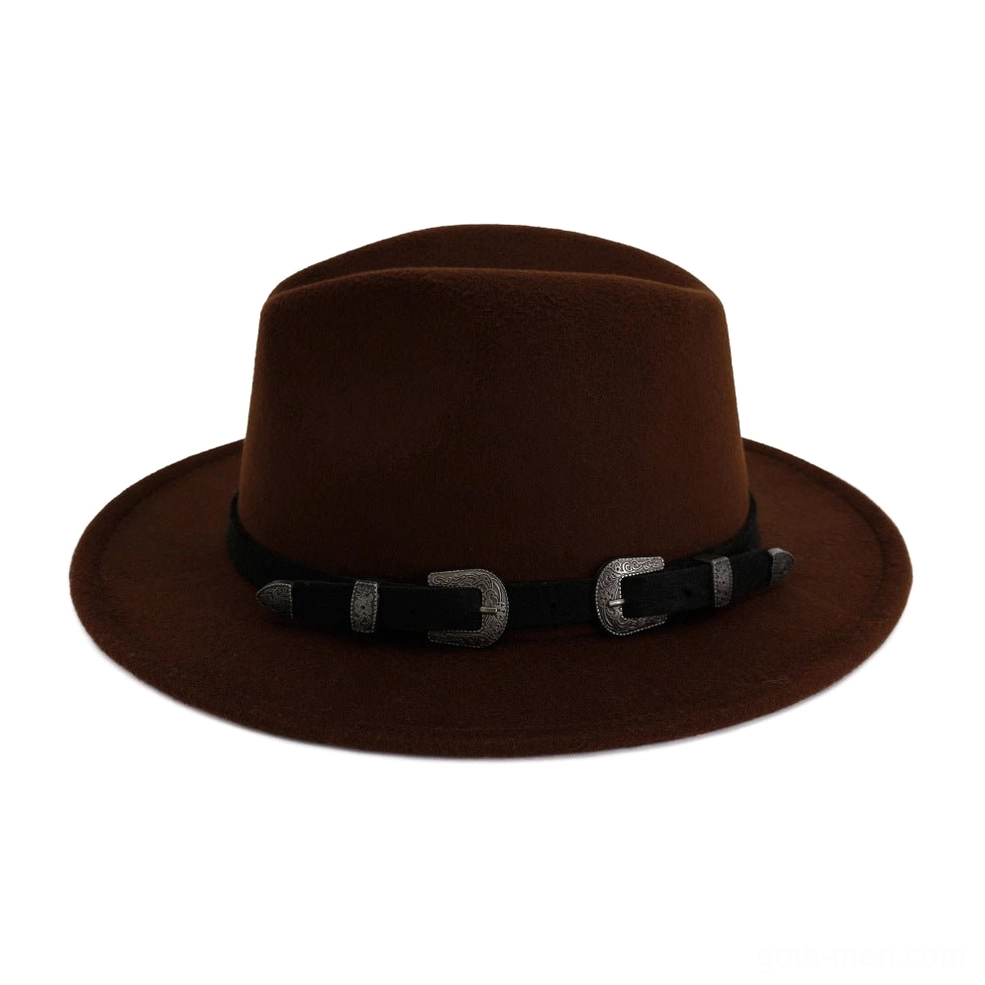 Close-up detail of antique western belt buckles on vintage trilby fedora hat band