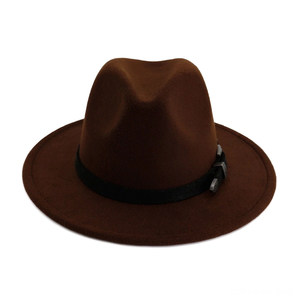 Side profile view of vintage trilby fedora with metal buckle strap, gothic hat design