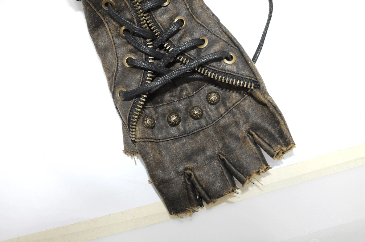 Side angled view of single brown steampunk fingerless glove with metal rivets and lace-up construction