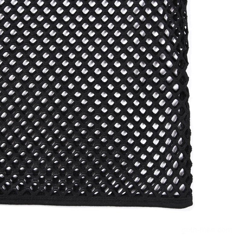 Black fishnet mesh fabric top-down flat lay showing uniform diamond weave pattern