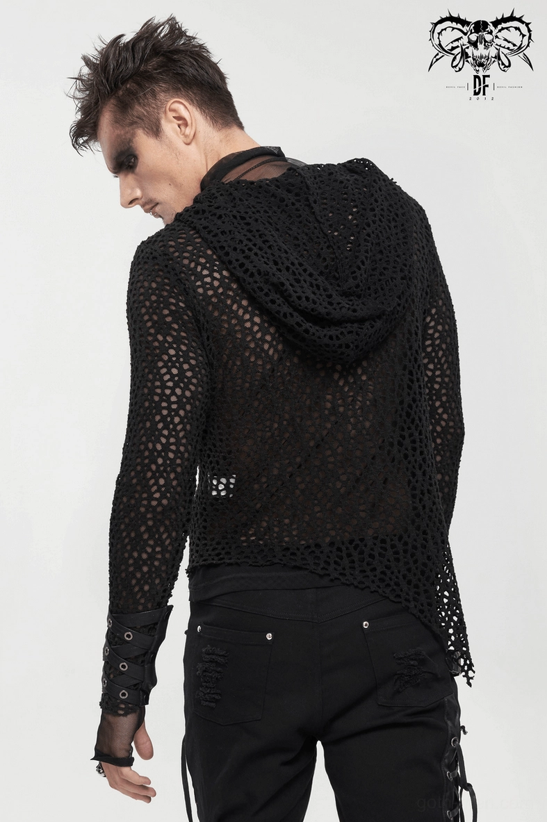 Fitted black mesh hooded long sleeve top showcasing sheer fabric and asymmetrical design
