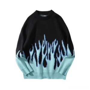 Black and cyan flame oversized knit sweater flat lay front view showing detailed pattern