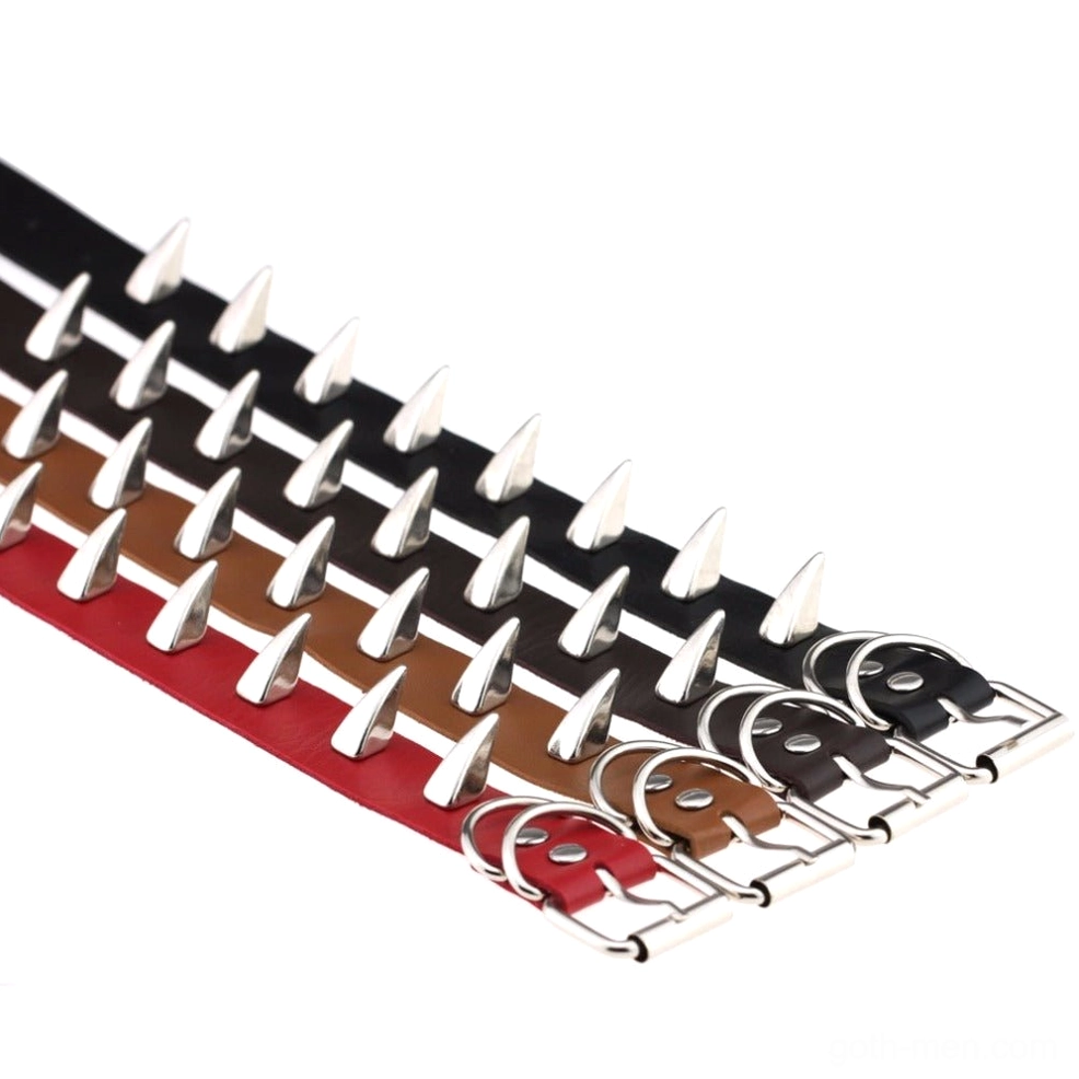 Flat lay spiked leather choker showing full adjustable length and buckle mechanism
