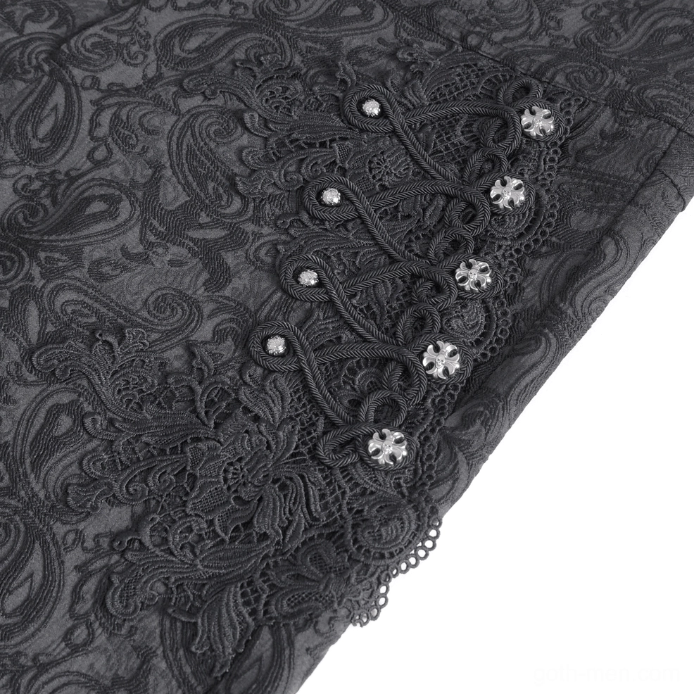 Black floral embroidered cargo pants detail showing lace and jacquard pattern with metal studs