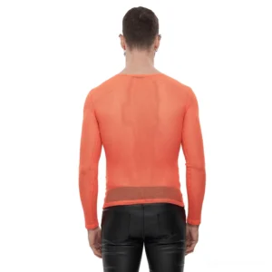 Fluorescent orange transparent mesh top, back view showing tailored fit and straight hem on male model