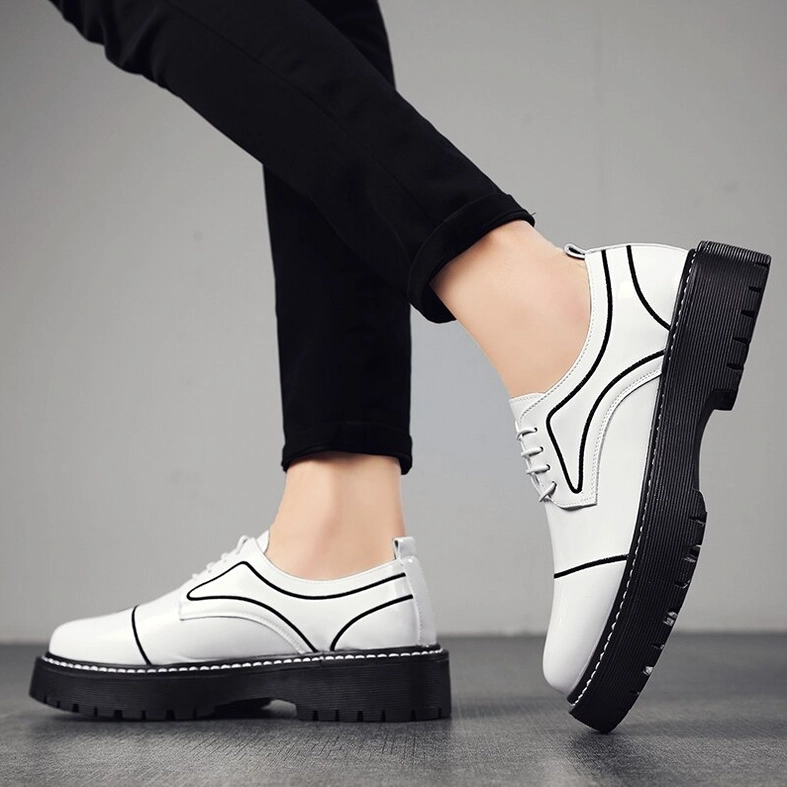 Men's dark green patent leather oxford platform shoes with white decorative trim and stitching