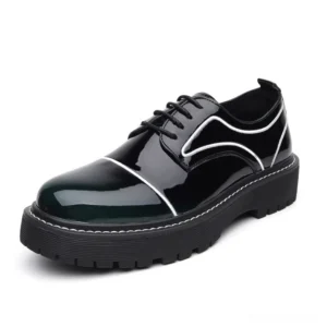 Men's forest green patent leather Oxford platform shoes with glossy finish and white decorative stitching, front angle view