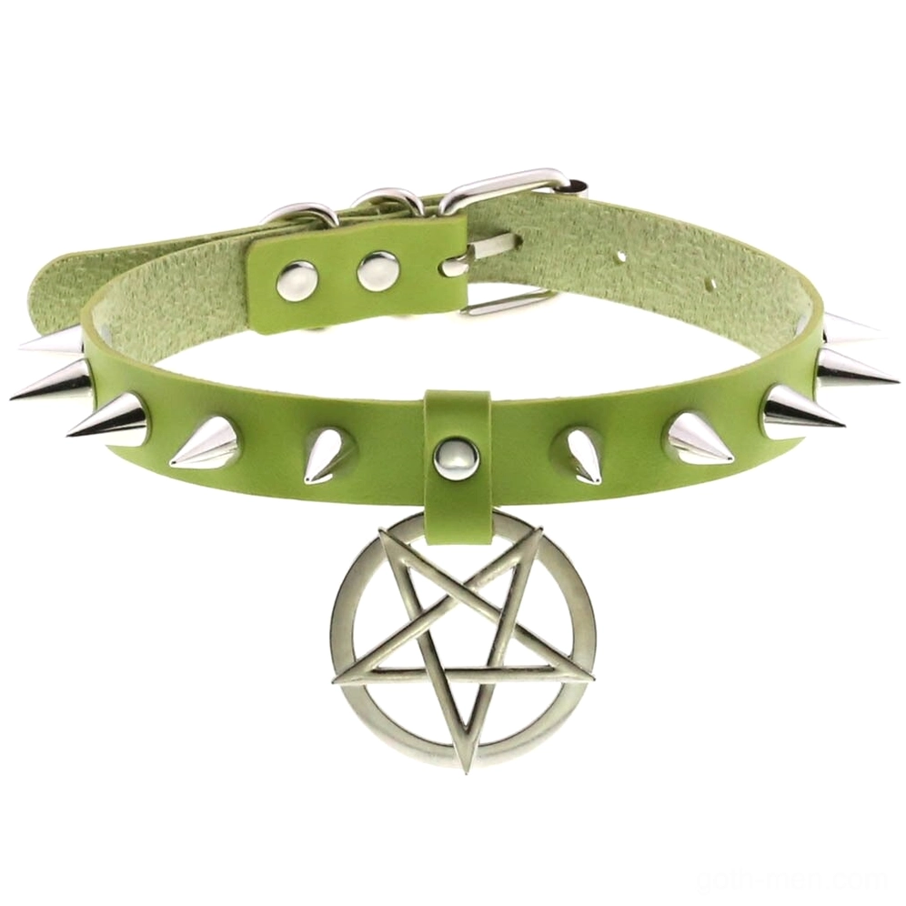 Forest green spiked leather choker with pentagram pendant and silver studs, gothic style
