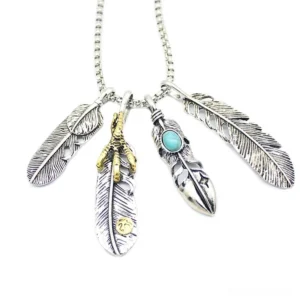 Flat lay top view of four-leaf feather pendant necklace in gold-tone with mixed feather designs on white background
