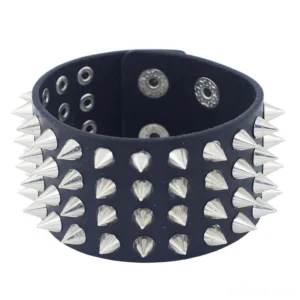 Wide studded PU leather bangle with neat rows of cone-shaped metal spikes, front flat view showcasing spike arrangement and black leather base