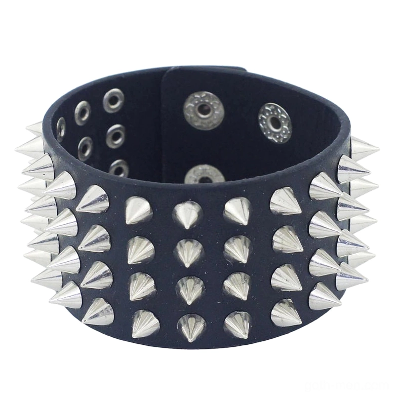 Wide studded PU leather bangle with neat rows of cone-shaped metal spikes, front flat view showcasing spike arrangement and black leather base