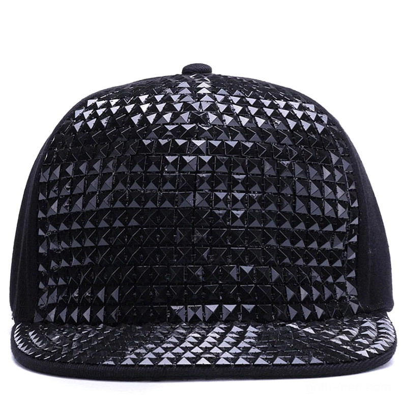 Full black pyramid studded snapback cap with dense metallic spike coverage