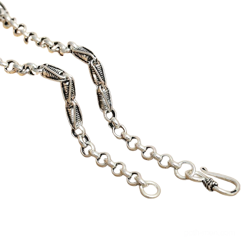 Extended view of antiqued sterling silver twisted chain necklace showing full length and textured link design with clasp