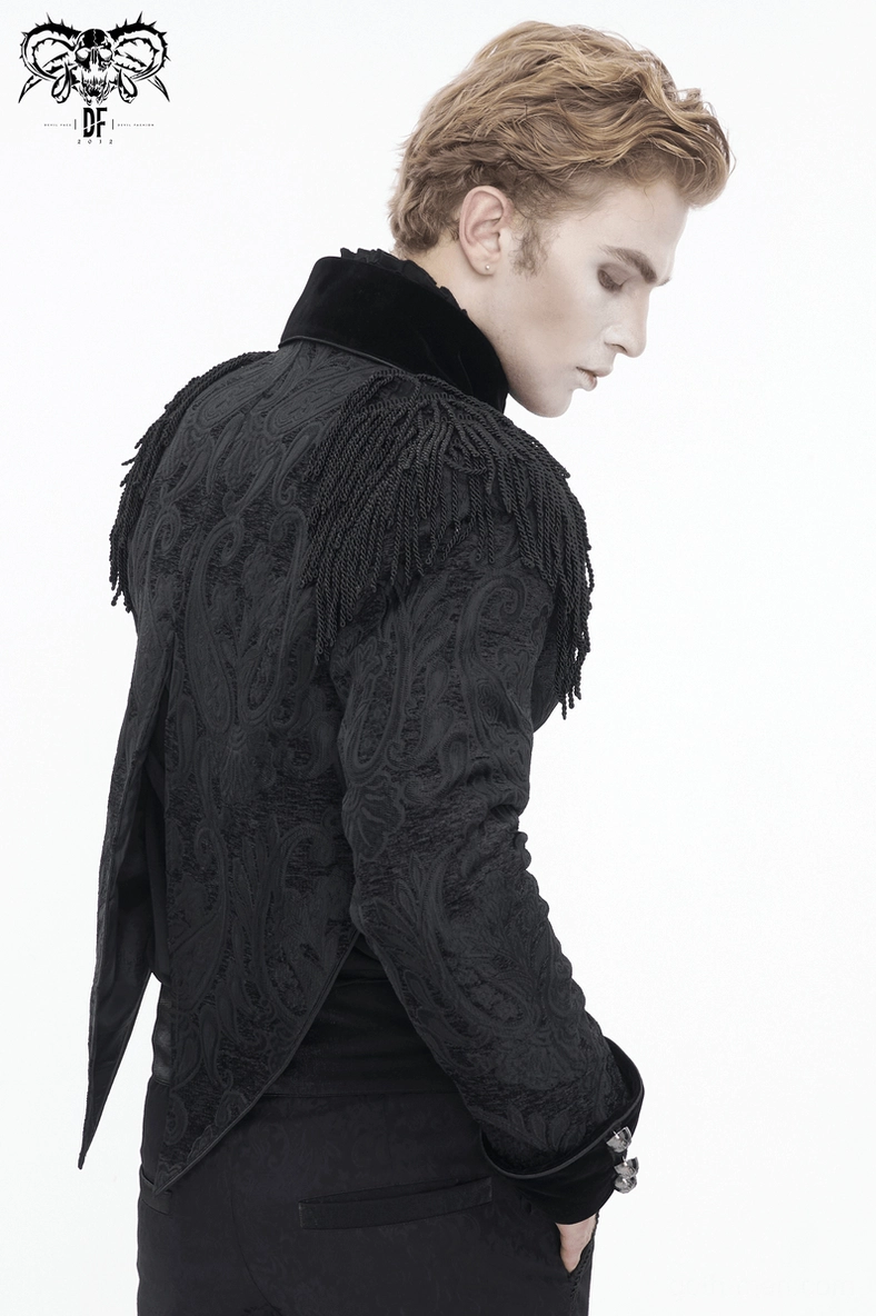 Full-length gothic tailcoat featuring intricate paisley jacquard, velvet collar and cuff trim, structured fit