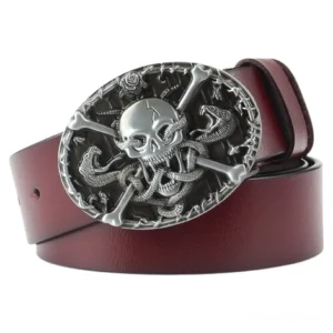 Genuine leather gothic belt with silver skull buckle, crossbones and cobra motifs, burgundy full-grain cowskin, unisex alternative fashion accessory