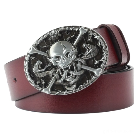 Genuine leather gothic belt with silver skull buckle, crossbones and cobra motifs, burgundy full-grain cowskin, unisex alternative fashion accessory