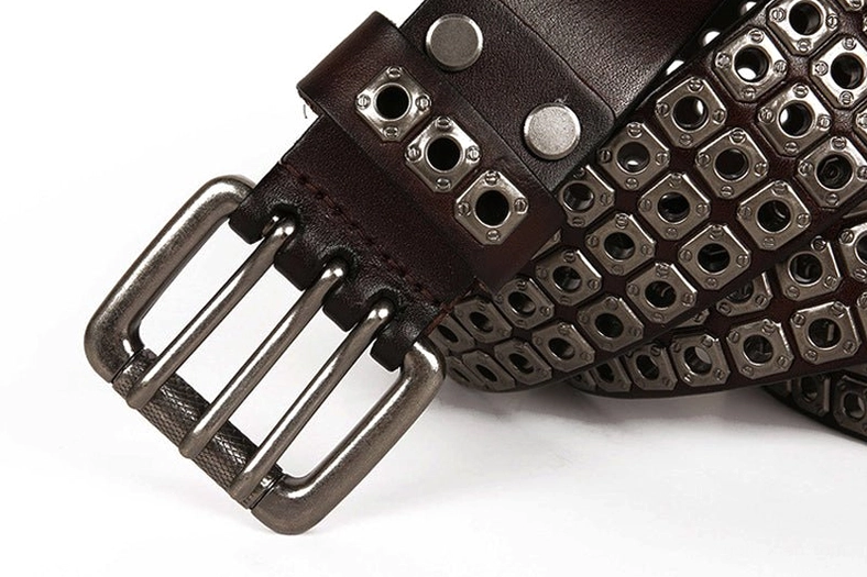 Premium genuine cowskin leather gothic studded belt showing craftsmanship and metal grommet placement