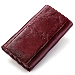Long leather wallet flat lay top view showing burgundy color and dual exterior slip pockets