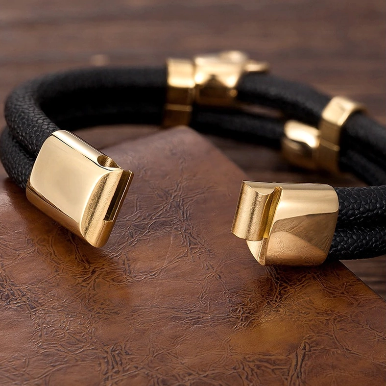 Men's genuine leather magnetic skull bracelet showing comfortable fit and refined gothic aesthetic with metal ornaments