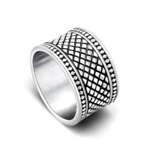 Gothic geometric grid pattern ring rotated angle showing double border trim stainless steel