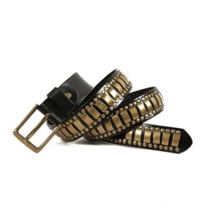 Black geometric rivet gothic belt with bronze metal studs, oblique view showing industrial pattern