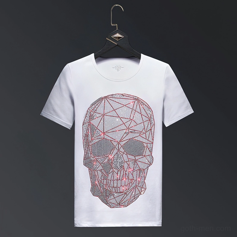 Geometric skull rhinestone gothic t-shirt size and fit reference, unisex crew neck slim cut