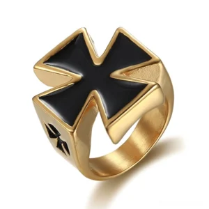 Gold finish gothic Celtic cross stainless steel biker ring with black enamel inlay front view