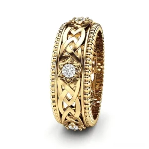 Gold Celtic knot zircon gothic ring with beaded rim and interwoven Celtic pattern, side oblique view showing radiant cubic zircon center stone