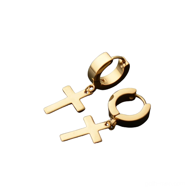 Gold stainless steel cross drop earrings angled view - gothic dangle huggie openable hoop design