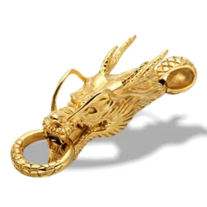 Gold tone dragon head pendant necklace side profile, polished stainless steel 3D carved dragon design gothic jewelry