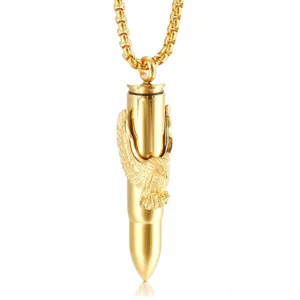 Gold plated eagle bullet pendant necklace front display, IP plated stainless steel gothic