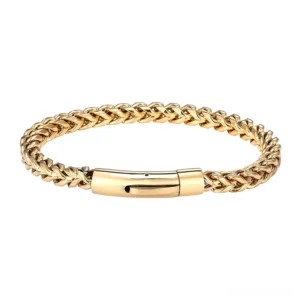 Gold tone stainless steel gothic chain bracelet - polished finish with central push clasp