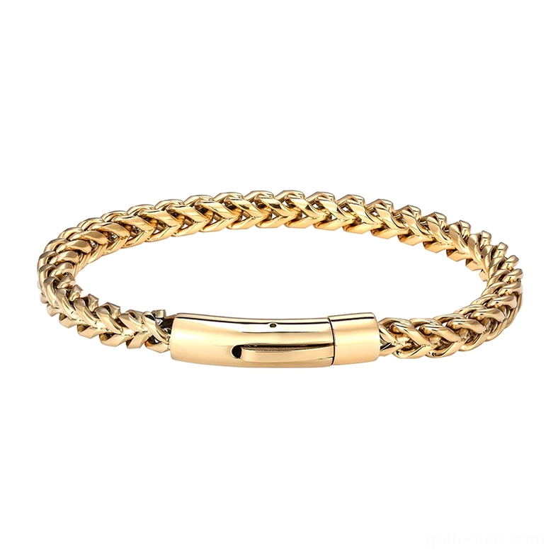 Gold tone stainless steel gothic chain bracelet - polished finish with central push clasp