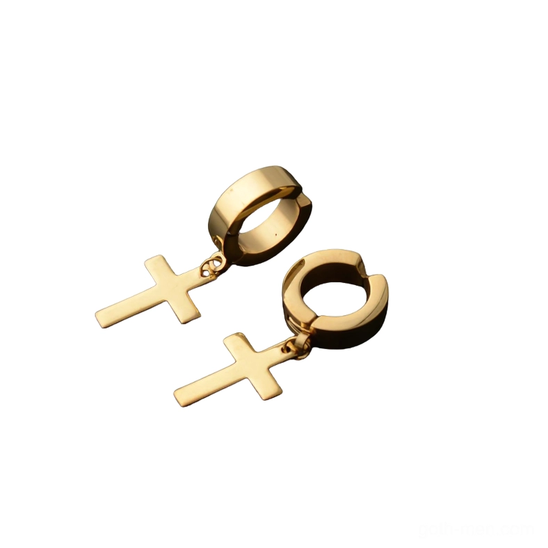 Gold tone polished stainless steel cross dangle earrings - gothic huggie pierced flat lay