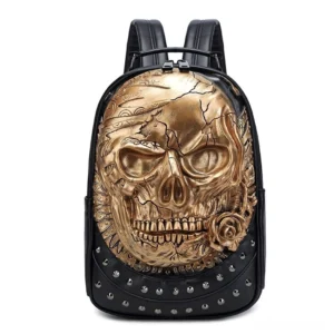 Gold metallic 3D skull backpack with rose embellishment - Victorian gothic style