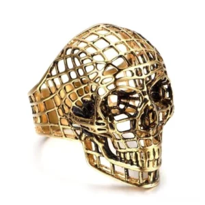 Gold hollow out skull stainless steel ring - three-quarter view showing geometric lattice pattern detail