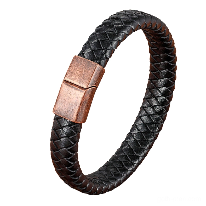 Gold-toned genuine leather bracelet with copper magnetic clasp, dark aesthetic men's woven leather jewelry
