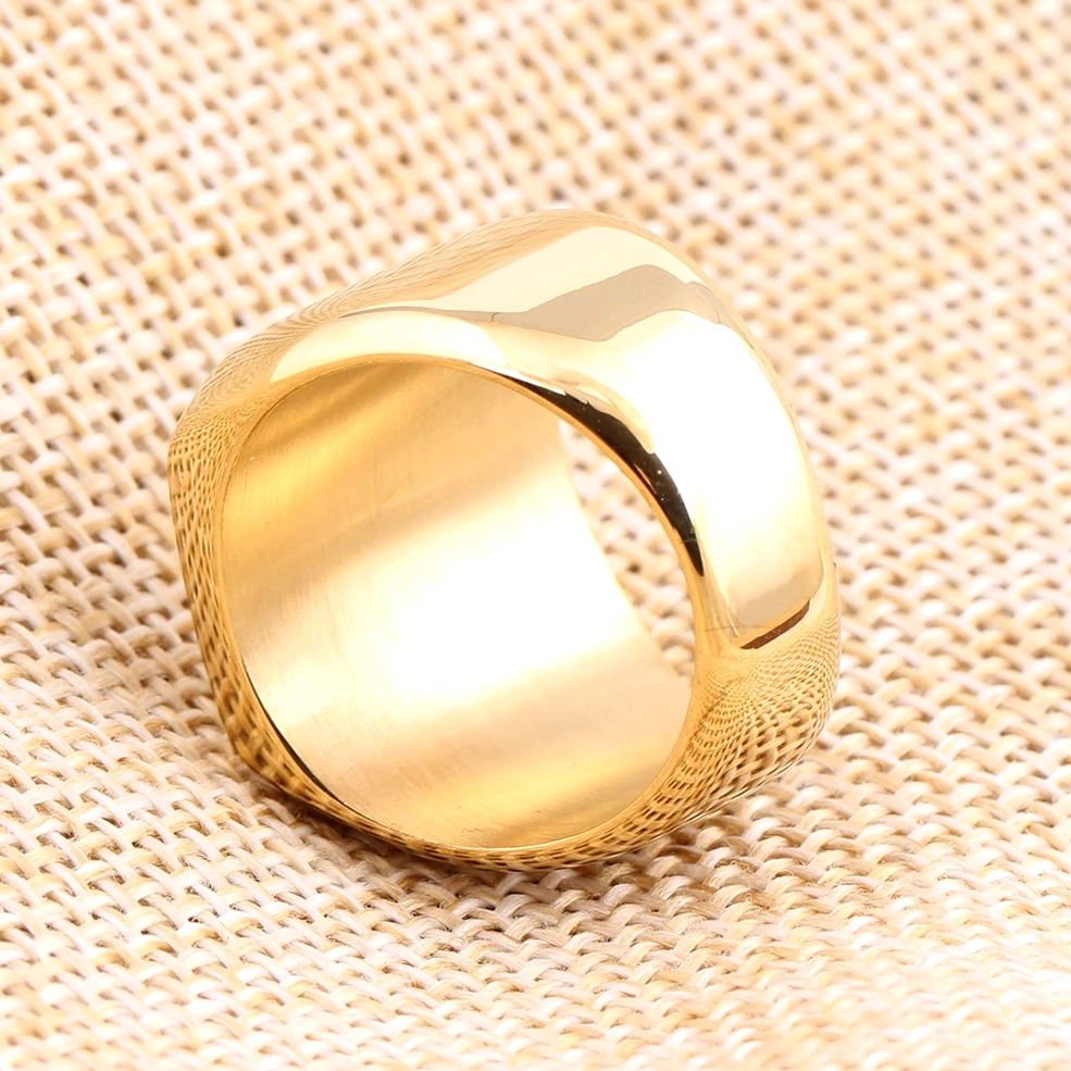 Gold Masonic signet ring side view displaying smooth inner band, stainless steel gothic comfort wear