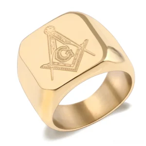 Gold Masonic signet ring featuring engraved Freemasonry square and compass emblem, stainless steel gothic design