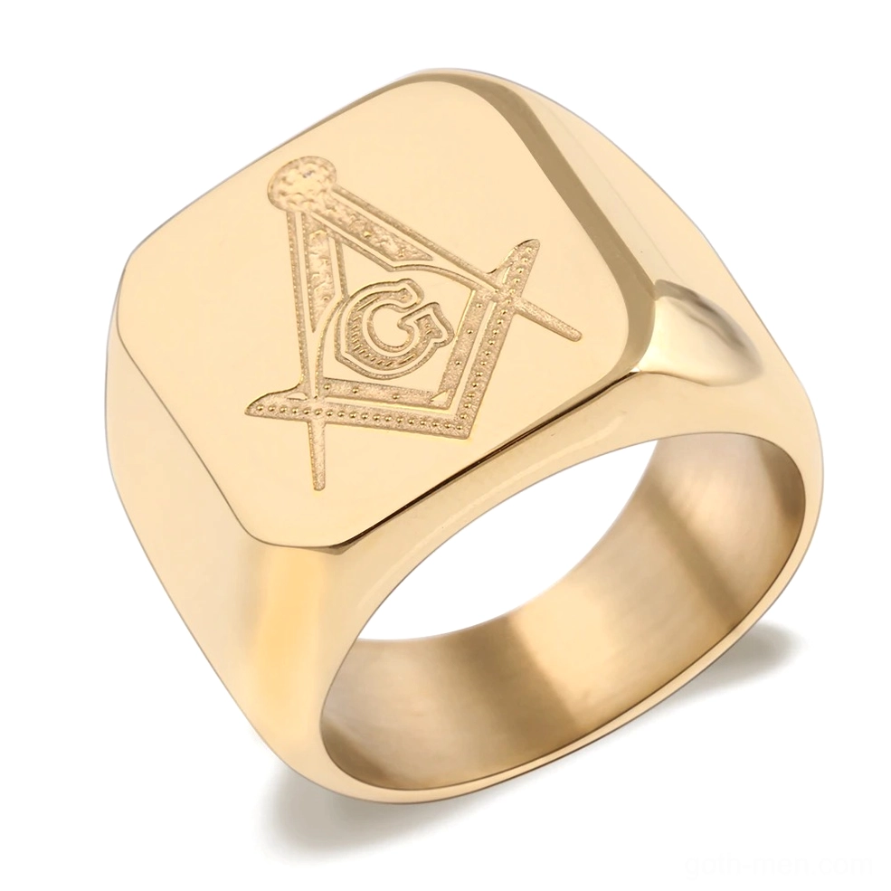 Gold Masonic signet ring featuring engraved Freemasonry square and compass emblem, stainless steel gothic design