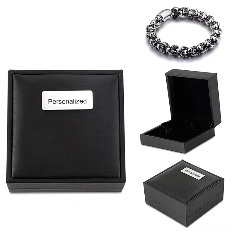 Gold stainless steel mini skull chain bracelet with gothic design and branded personalized gift packaging