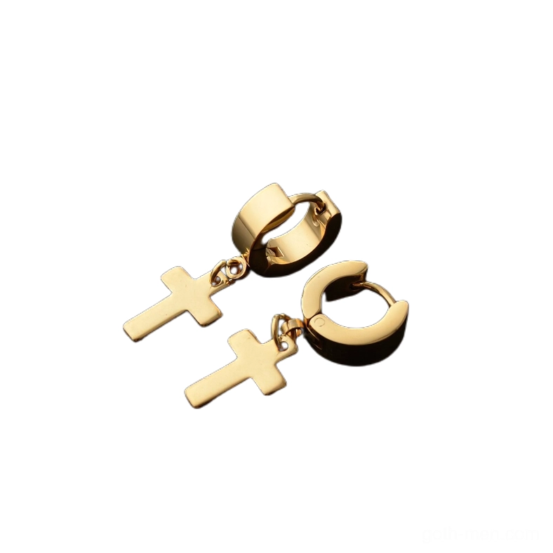 Polished gold tone stainless steel cross earrings overhead - gothic dangle huggie drop style