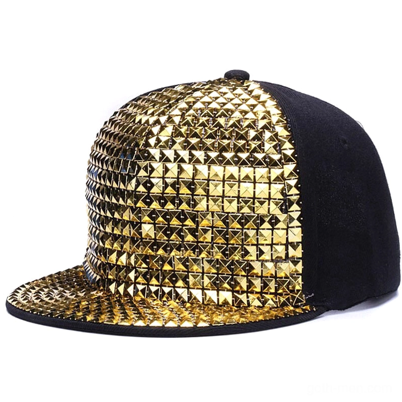 Gold metallic pyramid studded snapback cap with reflective studs, front view